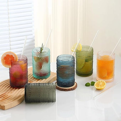 15oz Colored Hobnail Drinking Glasses Set of 6,Vintage Kitchen Glassware,Embossed Beaded Glass Cups,Water Tumbler for Cocktail,Juice and Various Mixed Drinks