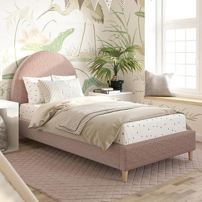 DG Casa Quinn Twin Upholstered Platform Bed Frame, Arch-Shaped Headboard, Solid Natural Wood Legs, Timeless Modern Design, Curved Headboard, Wooden Slat Support System, Blush