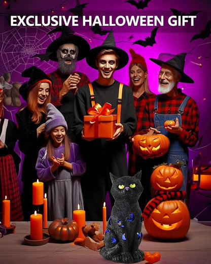 Black Cat Decor Halloween Decorations - 7.3'' Tall Resin Figurine with Moon Cutouts Color-Changing LED Flickering Lights (Halloween Cat)