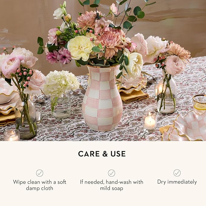 MACKENZIE-CHILDS Tall Enamel Vase, Unique Flower Vase, Bouquet Vase Decor for Living Room, Pink-and-White Rosy Check