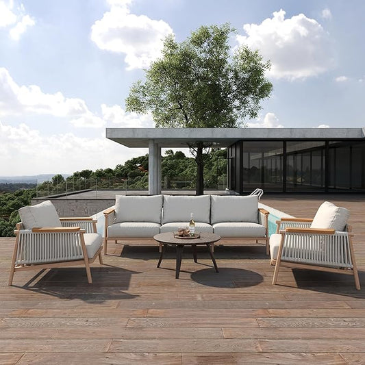 Acanva Modern All-Weather Aluminum Outdoor Sofa with Thick Cushions, Olefin Fabric Sunroom Backyard Furniture, 3 Piece Set (Couch & 2 Chairs)