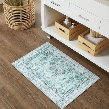 Uphome Boho Bathroom Rugs, Distressed Farmhouse Sage Green Bath Mat, Comfy Velvet Small Bath Rugs Non Slip Washable, Vintage Oriental Toilet Rug for Sink Shower Vanity, 18x26 inch