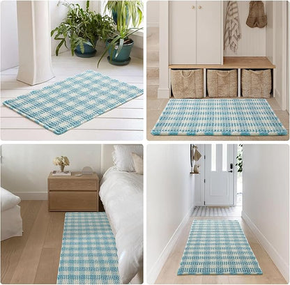 Waffle Runner Rug Bathroom, Long Boho Bathroom Rugs Non Slip Washable Absorbent Checkered Bathroom Mat Quick Dry Cute Bath Mat, 60"x24" Blue and White