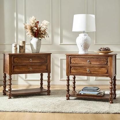 HULALA HOME Farmhouse Storage End Table Set of 2 with 2 Drawers and Open Shelf, Solid Wood Side Table with Spindle Legs, Nightstand with Charging Station (Walnut)