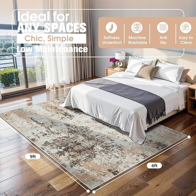 6x9 Area Rugs for Living Room Rug Washable: Abstract Rug for Dining Room Bedroom Carpet Non Slip 6 by 9 Indoor Modern Nursery Home Office Brown Beige