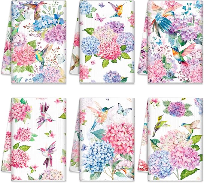 Oudain Hydrangea Kitchen Towels Set of 6 Absorbent Dish Towels Watercolor Floral Summer Farmhouse Tabletop Decor