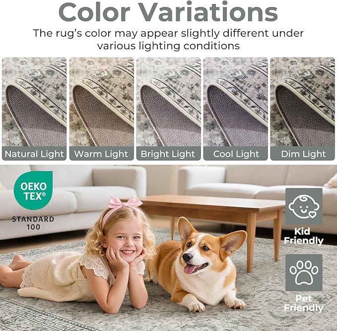 Lofus 9x12 Area Rug for Living Room, White Washable Area Rugs with Non-Slip Backing,Soft Boho Carpets for Bedroom Dining Room Home Office Indoor Nursery