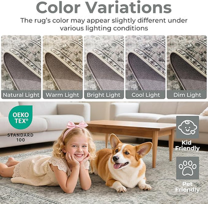 Lofus 9x12 Area Rug for Living Room, White Washable Area Rugs with Non-Slip Backing,Soft Boho Carpets for Bedroom Dining Room Home Office Indoor Nursery