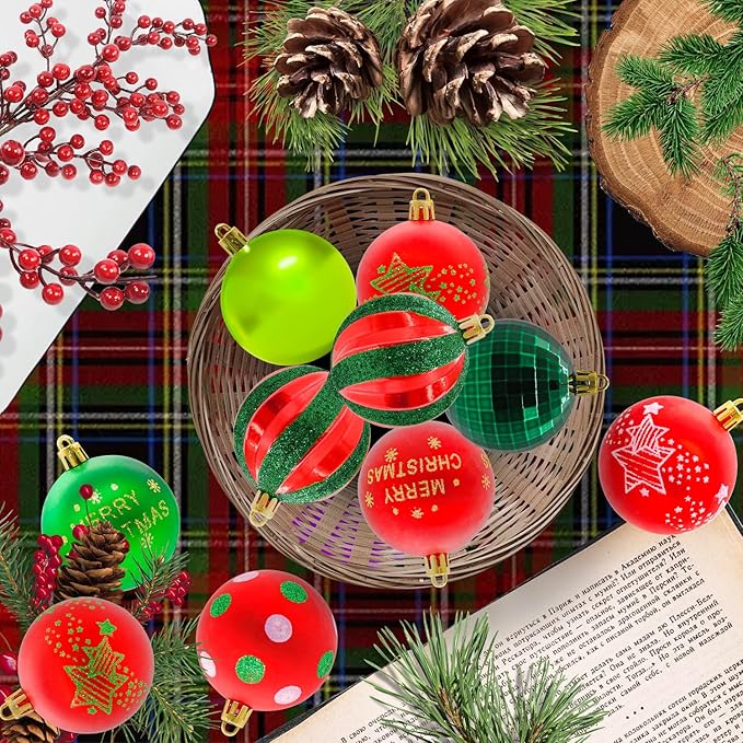 40PCS 2.36" Christmas Balls Ornaments, Plastic Christmas Tree Ornaments, Holiday Baubles, Hanging Decorations for Xmas Trees Holiday Party, Red Green Baubles