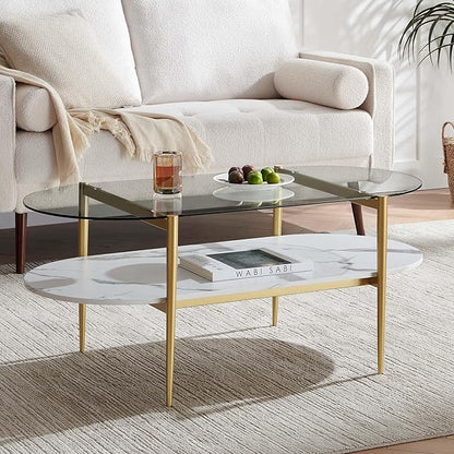 Oval Coffee Table, Mid-Century Modern Design, L41 x W21 x H17 inch, for Living Room, Clear Glass Top, White Marble Finish Wood Shelf & Gold Finish Frame