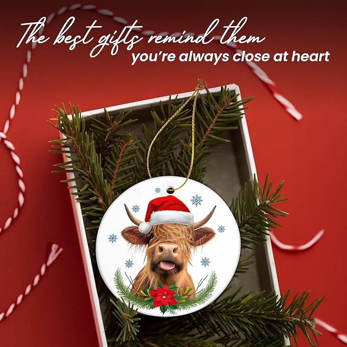 OASSIE Highland Cow Christmas Ornaments Gifts for Women Men - Ceramic Ornaments 2025 for Tree Decorations - Cow Ornament for Farmhouse Decorations, Hanging Ornament for Rustic Tree, Farm Animal Gifts