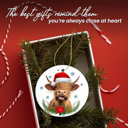 OASSIE Highland Cow Christmas Ornaments Gifts for Women Men - Ceramic Ornaments 2025 for Tree Decorations - Cow Ornament for Farmhouse Decorations, Hanging Ornament for Rustic Tree, Farm Animal Gifts
