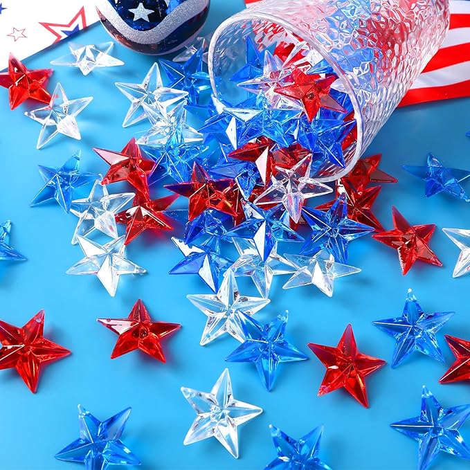 120Pcs Patriotic Acrylic Star Ornaments Vase Filler Translucent Crystals Gems Independence Day Memorial Day Veterans Day Table Scatters for Holiday Decoration Party Favors Craft Supplies