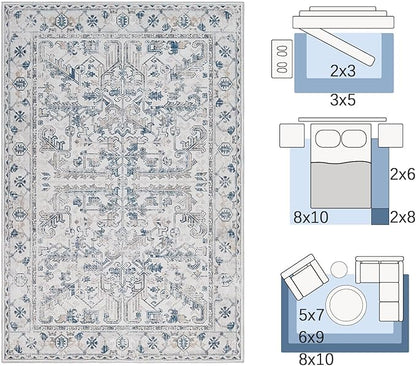 jinchan Vintage Floral Washable Area Rug 5x7 Non-Slip Low Pile, Blue