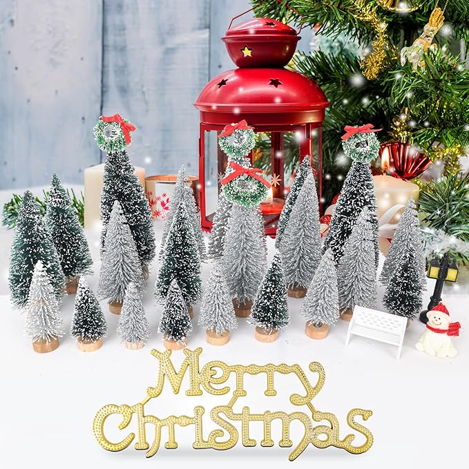 Mini Christmas Tree, Small Pine Tree with Wooden Bases for Xmas Holiday Party Home Tabletop Tree Decor (Silver/Green 30pcs)
