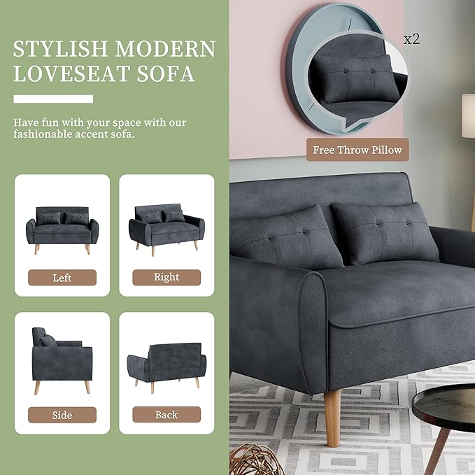 Vongrasig Small Modern Loveseat Sofa 47" Mid Century Linen 2 Seat Couch Tufted Love Seat, Dark Gray