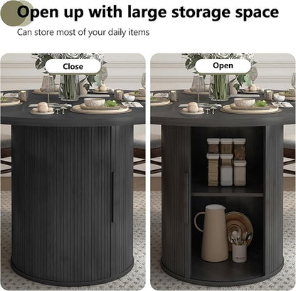 47 inch Round Dining Table for 4, Kitchen Table Dinner Table with 2-Layer Storage Shelf and Wood Slide Door for Home Dining Room Living Room (Black)