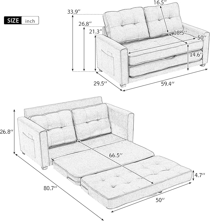 Modern Upholstered Futon Loveseat Convertible Sleeper Sofa Bed 3 in 1 Sofabed Lounge Chaise Daybed, Brown