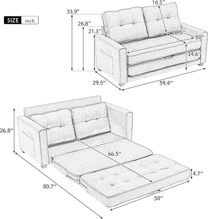 Modern Upholstered Futon Loveseat Convertible Sleeper Sofa Bed 3 in 1 Sofabed Lounge Chaise Daybed, Brown
