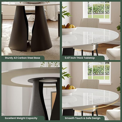 POVISON 59" Round Dining Table for 6, Glossy White Sintered Stone Dining Tabletop with Black Carbon Steel Base, Circle Kitchen Table for Dining Room (Table Only)