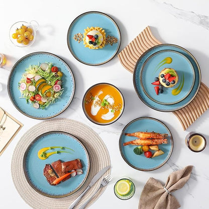 vancasso Plates and Bowls Sets, 18 Pieces Stoneware Dinnerware Sets for 6, Kitchen Dish Set Mircowave and Dishwasher Safe Dinner Set Ceramic Dishware, Sky Blue, Series AMBER