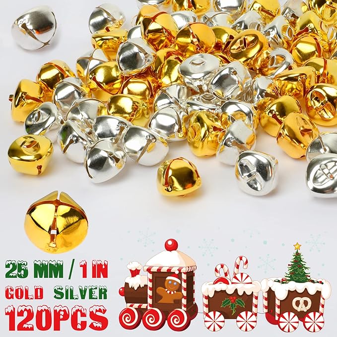 Augshy Jingle Bells for Crafts, 120 Pcs 1 Inch Christmas Jingle Bells, Bulk Sound Craft Bells for Christmas Home Festival Decorations DIY Project