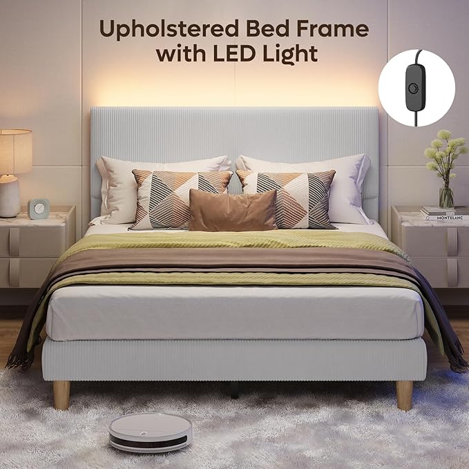 Bestier Queen Bed Frame with Adjustable Headboard, LED Lighting, Vertical Channel Tufted Corduroy Upholstered, Solid Wooden Slat Support, No Box Spring Needed, Never Squeak, Easy Assembly, Light Grey