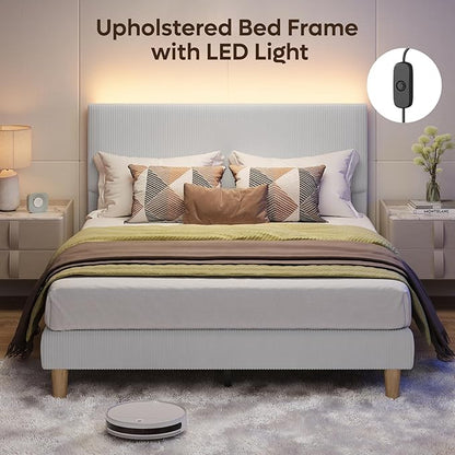 Bestier Queen Bed Frame with Adjustable Headboard, LED Lighting, Vertical Channel Tufted Corduroy Upholstered, Solid Wooden Slat Support, No Box Spring Needed, Never Squeak, Easy Assembly, Light Grey