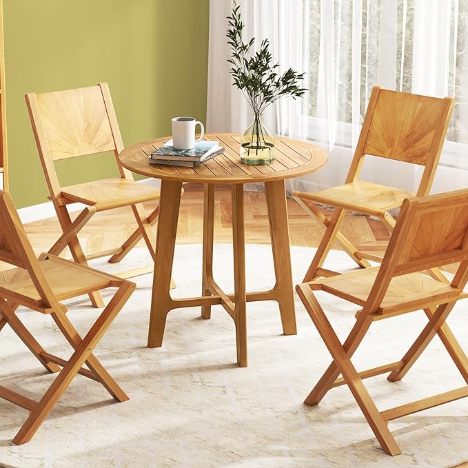 Tangkula 31.5” Patio Dining Table, Round Teak Wood Outdoor Dining Table w/Slatted Tabletop, X-Shaped Frame, 4 Sturdy Supporting Legs, Farmhouse Dining Furniture for Dining Room, Garden, Poolside