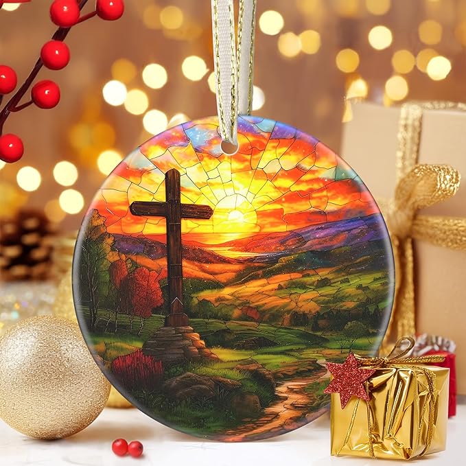 Cross 3.5 Inch Ceramic Christmas Hanging Ornament - Cross Ornament for Christmas Tree, Gift Exchange or Holiday Presents