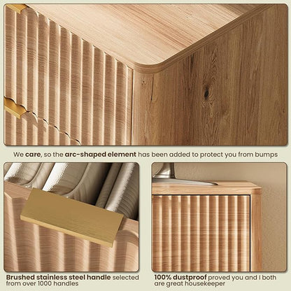 63'' Wide 9 Drawers Dressers for Bedroom, Modern Fluted Chest with Arc Corners, Large Wooden Dresser TV Stand, Wood Closet Clothes Storage Organizer for Living Room, Natural Wood