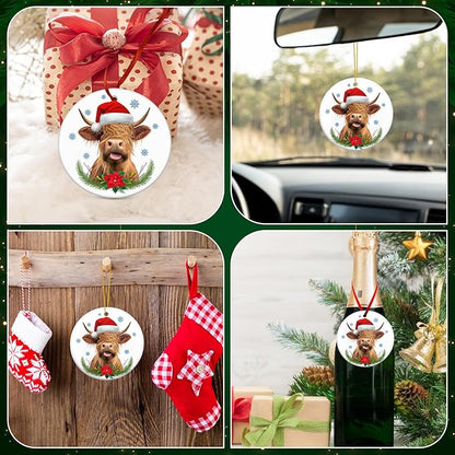 OASSIE Highland Cow Christmas Ornaments Gifts for Women Men - Ceramic Ornaments 2025 for Tree Decorations - Cow Ornament for Farmhouse Decorations, Hanging Ornament for Rustic Tree, Farm Animal Gifts