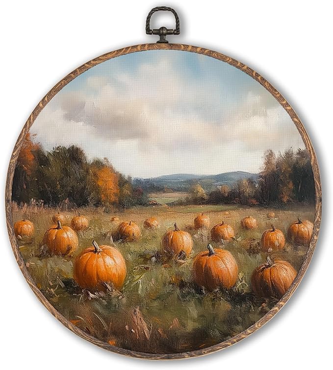 Hxlac Vintage Pumpkin Field Pumpkin Round Wall Art Framed, Vintage Autumn Pumpkin Round Wall Decor, Cottage Fall Halloween Hanging Canvas Prints Wall Sculptures for Home Room Decor, 10x10 Inch