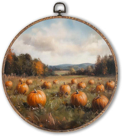 Hxlac Vintage Pumpkin Field Pumpkin Round Wall Art Framed, Vintage Autumn Pumpkin Round Wall Decor, Cottage Fall Halloween Hanging Canvas Prints Wall Sculptures for Home Room Decor, 10x10 Inch