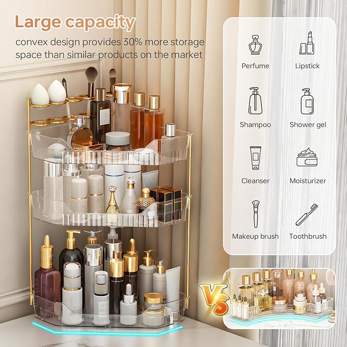 Corner Bathroom Counter Organizer with Makeup Brush Holder & Toothbrush Holders, Makeup Organizer for Vanity Countertop, Acrylic Skincare Storage Shelf (Clear, 3-Tier)
