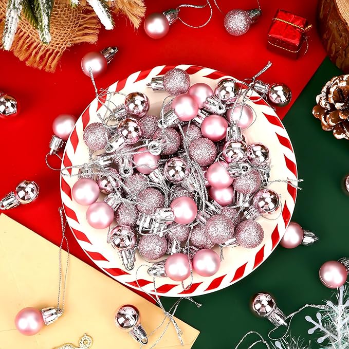 Jansun 60PCS Pink Christmas Mini Balls Ornaments Miniature Xmas Tree Hanging Decorations Small Vintage Glitter Balls for Holiday Party Outdoor Indoor DIY Craft Decor Supplies