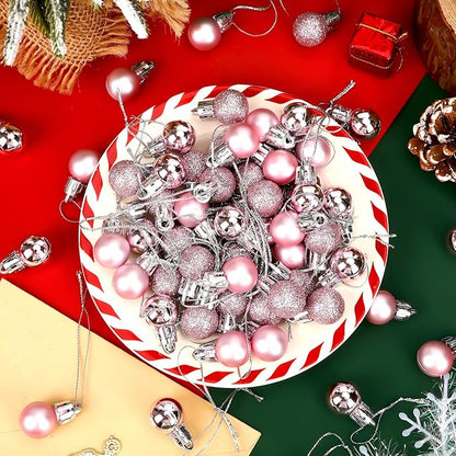 Jansun 60PCS Pink Christmas Mini Balls Ornaments Miniature Xmas Tree Hanging Decorations Small Vintage Glitter Balls for Holiday Party Outdoor Indoor DIY Craft Decor Supplies