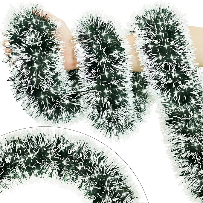 33FT Green Tinsel Christmas Garland Metallic Twist Shiny Garland for Christmas Tree Decorations, Xmas Holiday Hanging Garland for Home Indoor Outdoor Party Supplies Decor (Green, White)