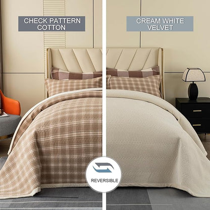 Cotton Plaid Quilt Set Queen 3 Piece Lightweight Reversible Bedding, Grid Beige
