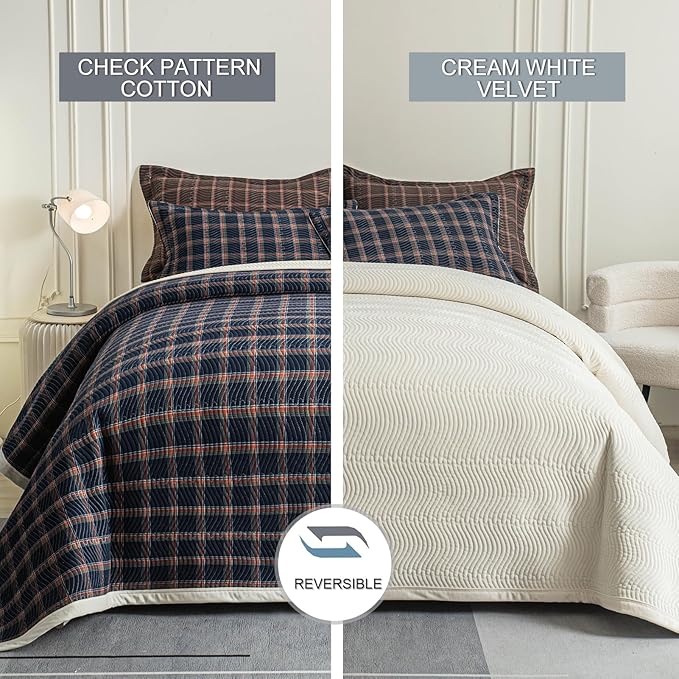 Cotton Plaid Quilt Set King 3 Piece Lightweight Reversible Bedding, Grid Dark Blue