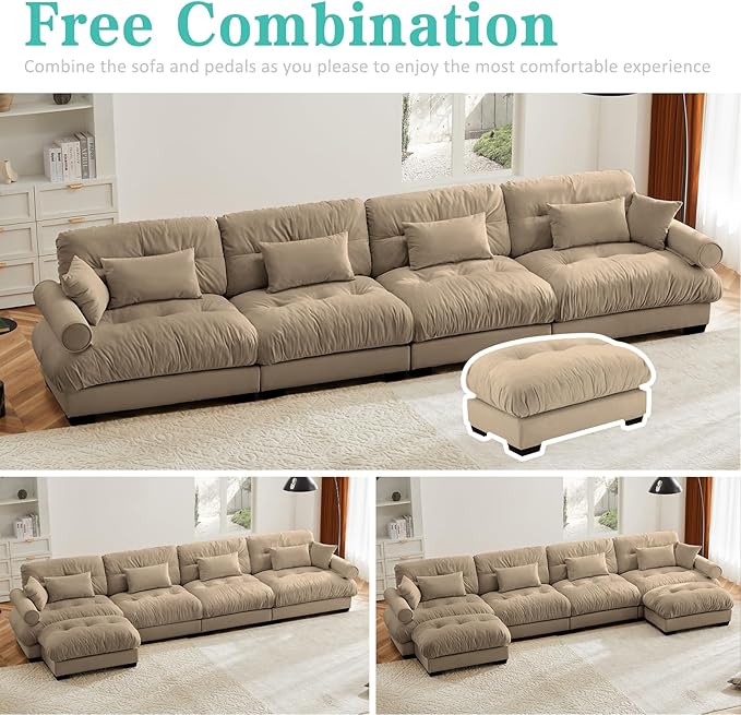 SoarFlash 166" Sectional Couches for Living Room, L Shaped Sofa Couch with Velvet Fabric, 4 Seat Modern Sofa with Ottoman, Removable Pillows for Apartment, Brown