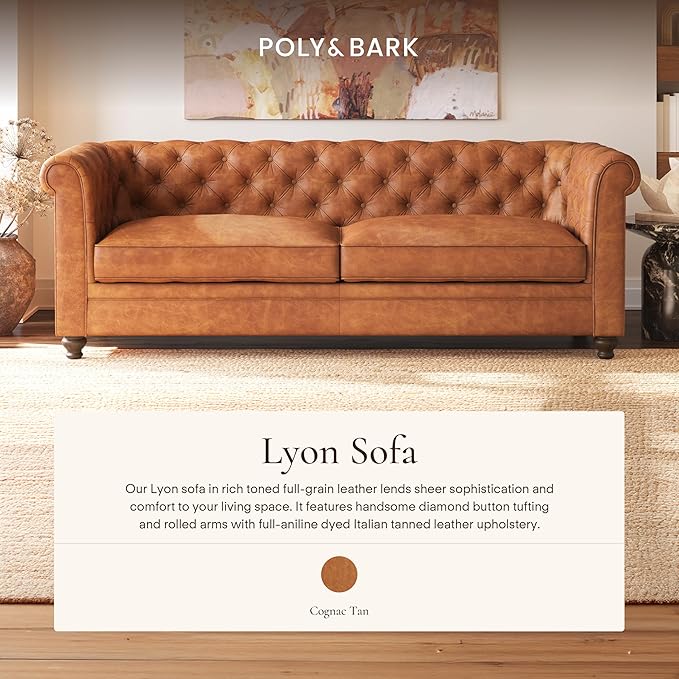 Poly & Bark Lyon Leather Couch - 87.4 Inch Sofa - Full-Grain Leather Sofa for Living Room with Feather-Down Topper - Living Room Couch - Vintage Italian Leather in Cognac Tan