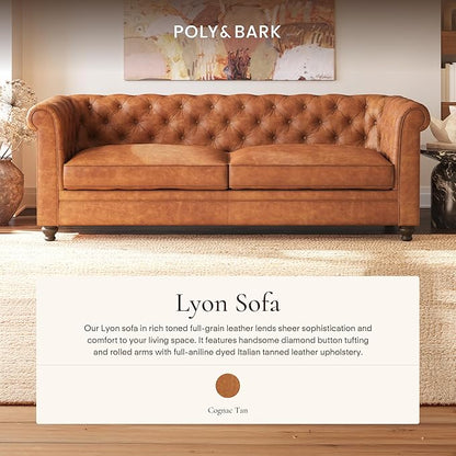 Poly & Bark Lyon Leather Couch - 87.4 Inch Sofa - Full-Grain Leather Sofa for Living Room with Feather-Down Topper - Living Room Couch - Vintage Italian Leather in Cognac Tan