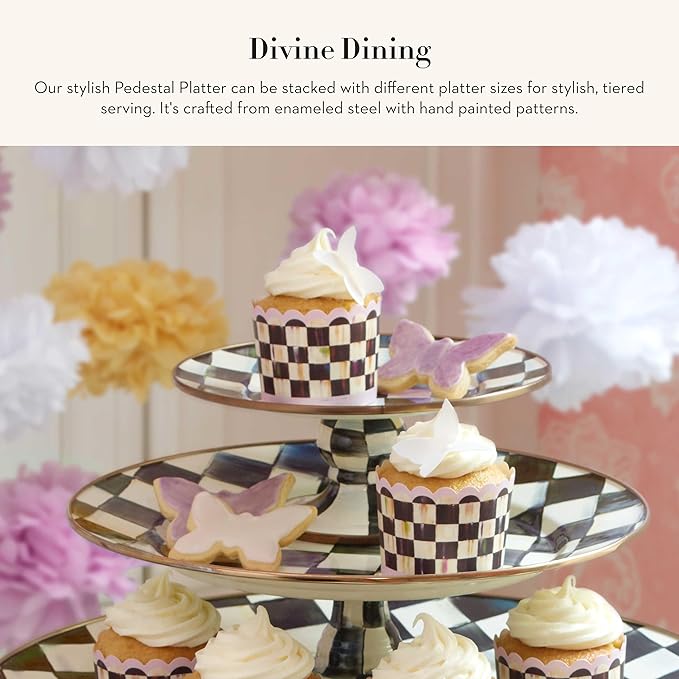 MACKENZIE-CHILDS Enamel Pedestal Serving Platter, Decorative Serving Dish for Food, Mini, Black-and-White Courtly Check