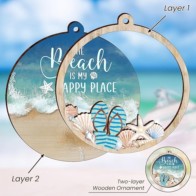 Beach Gifts for Women Men - Wooden Christmas Ornaments 2025 for Tree Decorations - Beach Themed Gifts for Mom Dad Family Friends Couple, Beachy Coastal Decor for Christmas Decorations