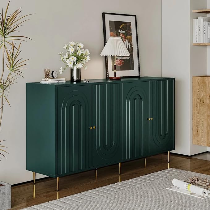 60" Modern Sideboard Buffet Accent Cabinet, Green Entryway Table with Storage Wood Credenzas for Living Room Home Bar, 4 Doors & Adjustable Shelves