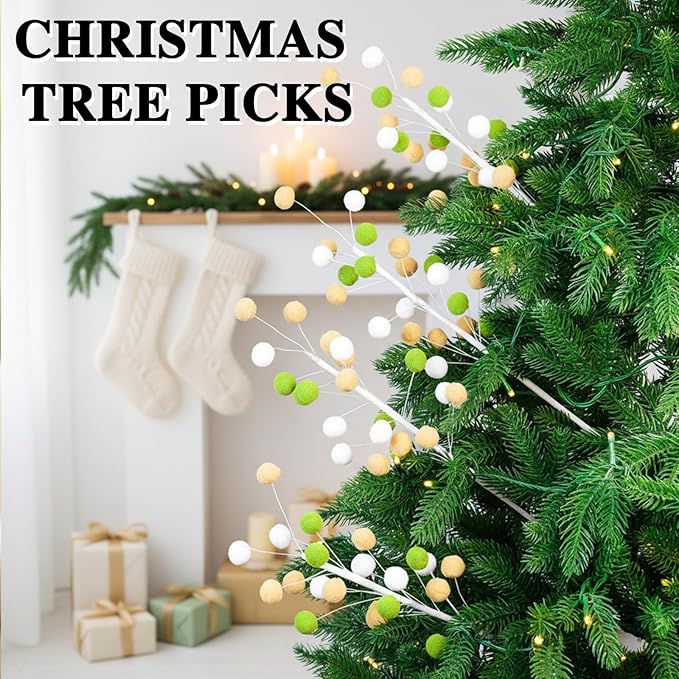 6 Pcs Green Khaki Pom Poms Christmas Decorations & Felt Christmas Picks and Sprays DIY Xmas Tree Toppers, Festive Tree Filler & Decor (KhakiGreen)