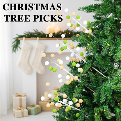 6 Pcs Green Khaki Pom Poms Christmas Decorations & Felt Christmas Picks and Sprays DIY Xmas Tree Toppers, Festive Tree Filler & Decor (KhakiGreen)