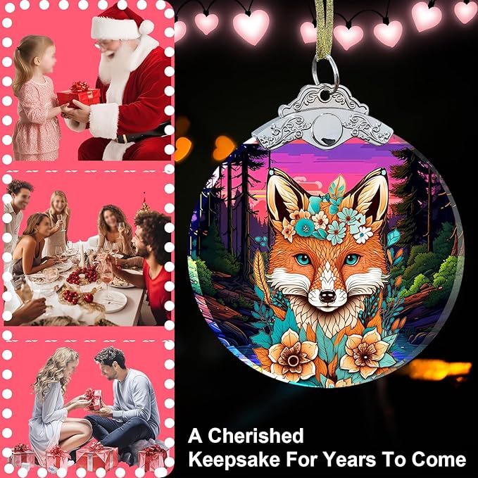 Fox Christmas Ornament Crystal Glass 3"- Fox Gifts for Women Men Hanging Decorations - Fox Christmas Tree Ornaments Christmas Decor - Xmas Gift for Fox Lovers