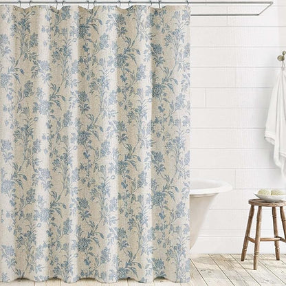 Blue Shower Curtain Floral Cotton Linen Cottagecore Shower Curtain for Bathroom 78" L x 72" W Long